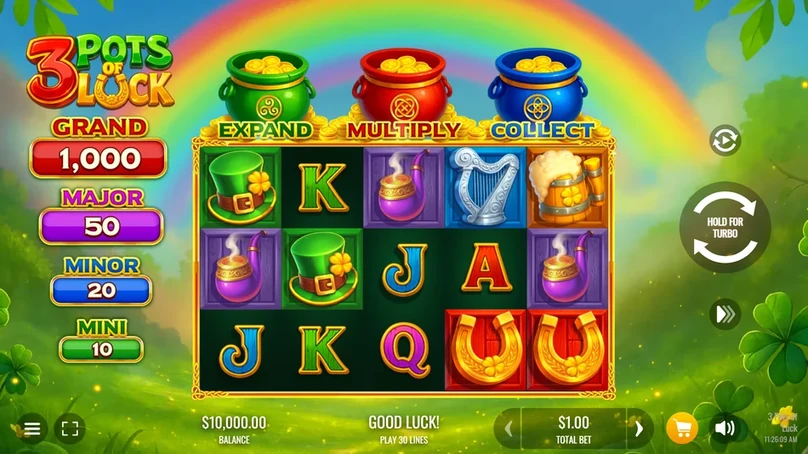 Base game reels of 3 Pots of Luck with the leprechaun Wild under a rainbow