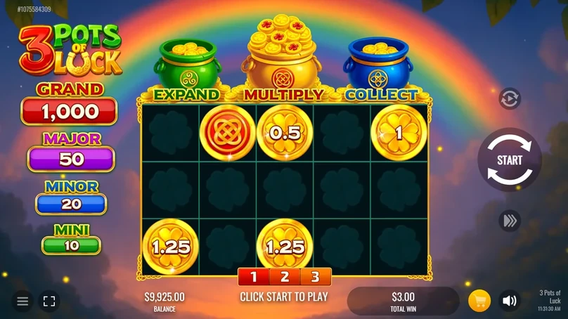 Full 5x8 grid of locked symbols paying the 3 Pots of Luck Grand Jackpot