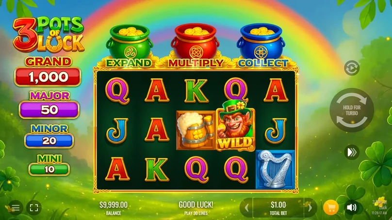 Green, Red and Blue pots over the 3 Pots of Luck reels