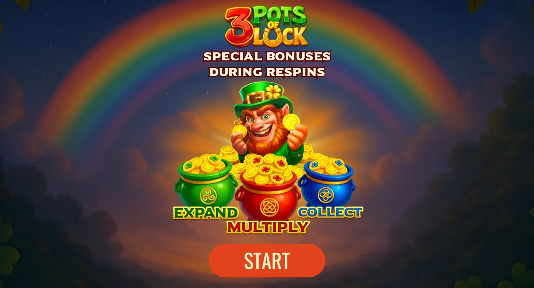 Leprechaun and three luck pots on the 3 Pots of Luck slot reels