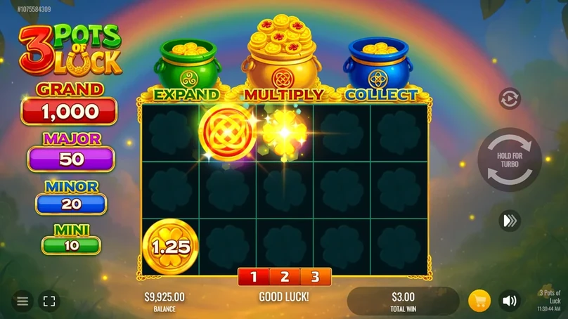 Respins round in 3 Pots of Luck with locked Bonus symbols on a growing grid