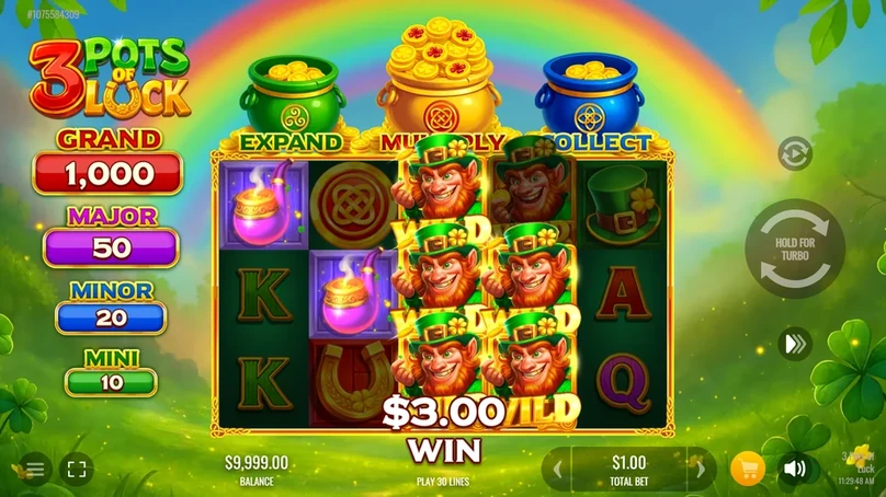 Lucky Rainbow upgrading a Bonus symbol on the 3 Pots of Luck reels
